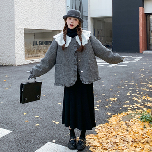法式娃娃领灰色毛呢羽绒服女2025冬季新款小个子保暖白鸭绒厚外套图片