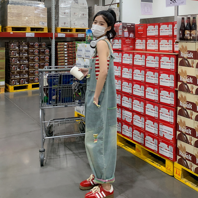 美式复古减龄牛仔背带裤女2023春季新款小个子宽松工装直筒阔腿裤,女装牛仔裤,2C292