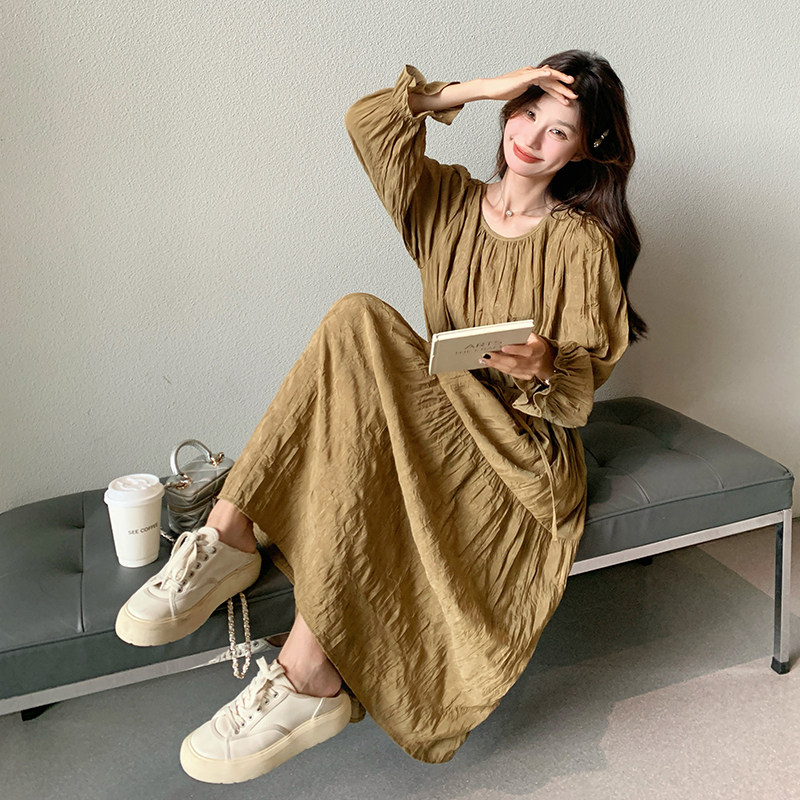 时尚褶皱连衣裙女2025春季新款韩版气质温柔圆领修身收腰A字长裙,女装连衣裙,2D043