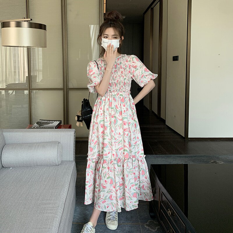 粉色连衣裙女夏季2024新款高腰泡泡袖气质超仙甜美长款法式碎花裙,女装连衣裙,2C133