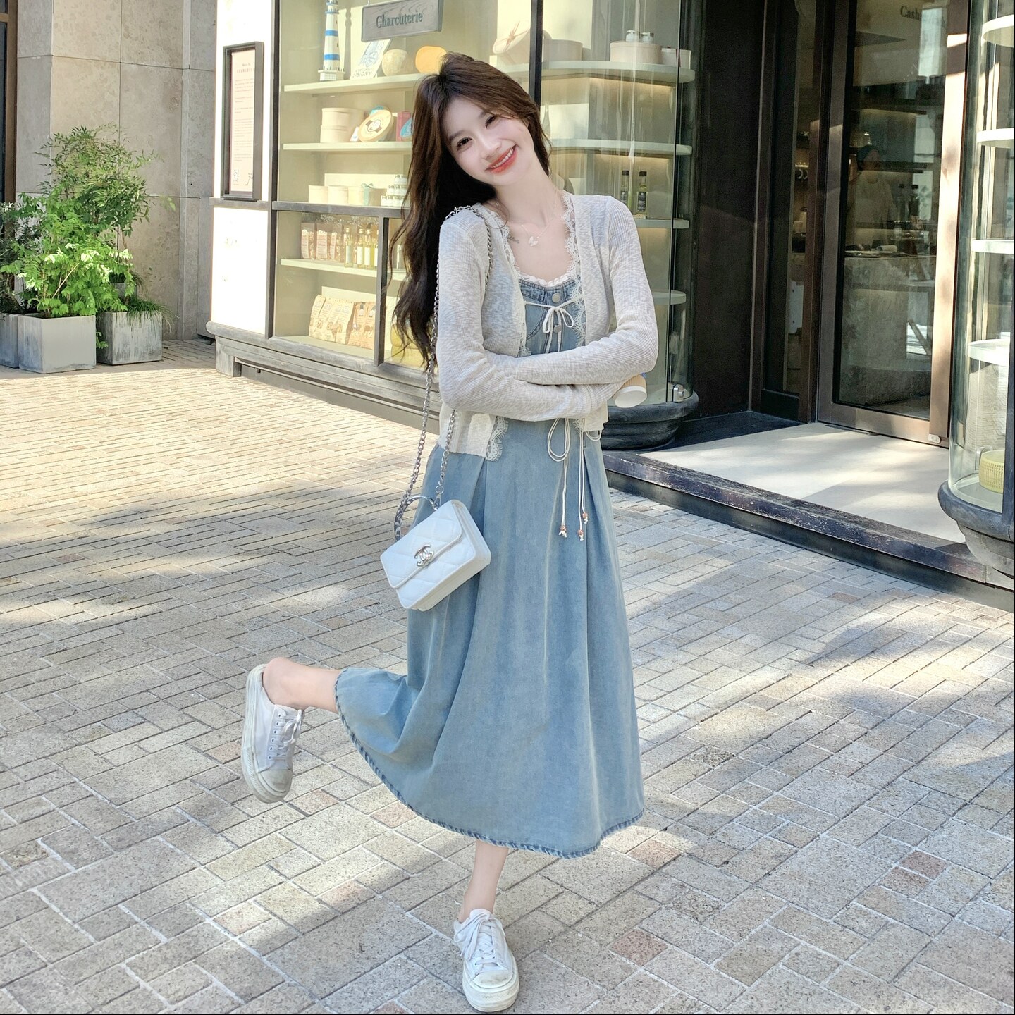 牛仔连衣裙套装女2025秋季新款法式复古开衫上衣显瘦吊带裙两件套,女装套装/套裙,2C218