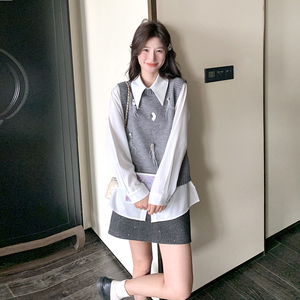法式少女复古气质长袖衬衫上衣马甲套装女春秋新款时尚两件套图片