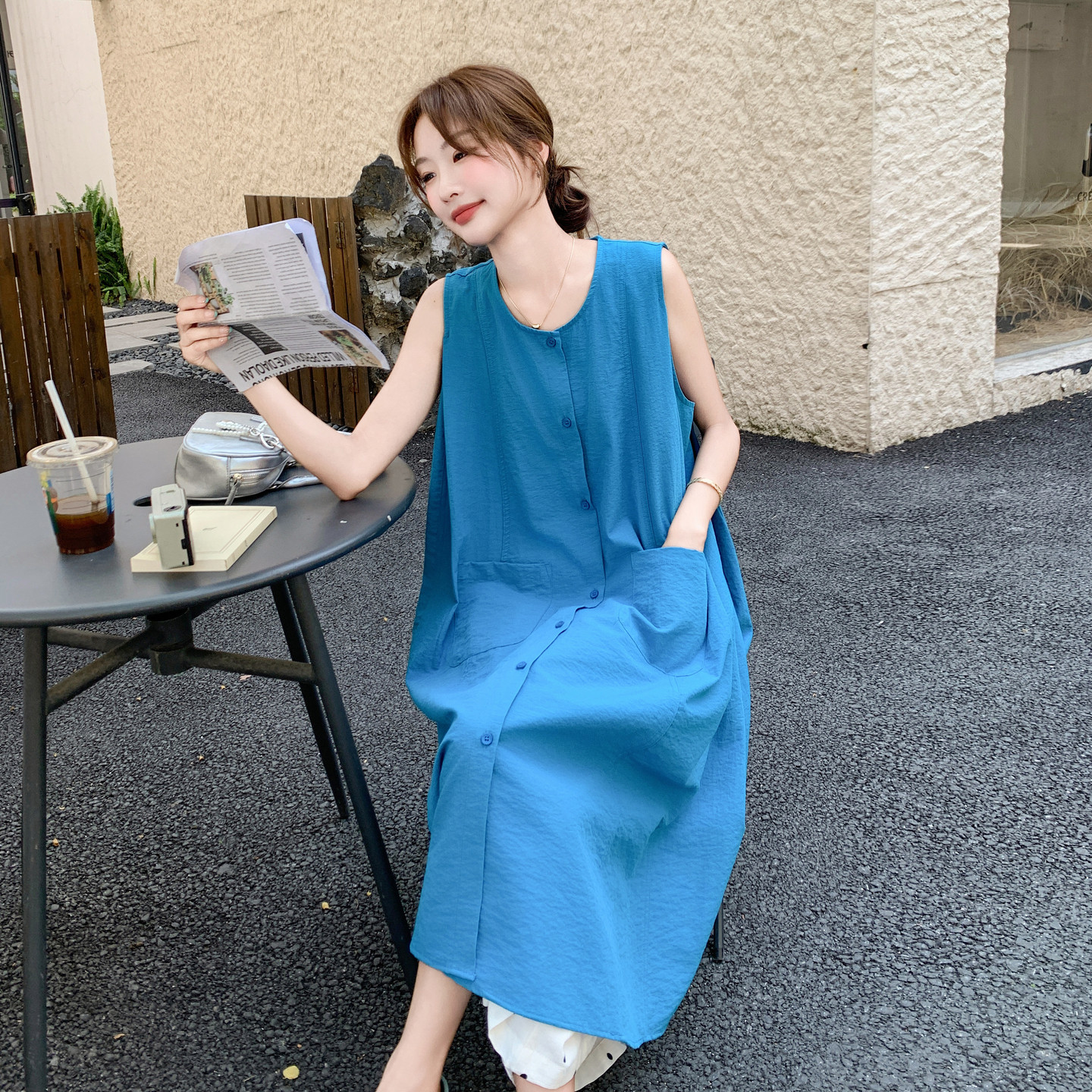蓝色叠穿波点阔腿裤连衣裙套装女夏日绝美两件套流行独特漂亮超火,女装套装/套裙,2C277