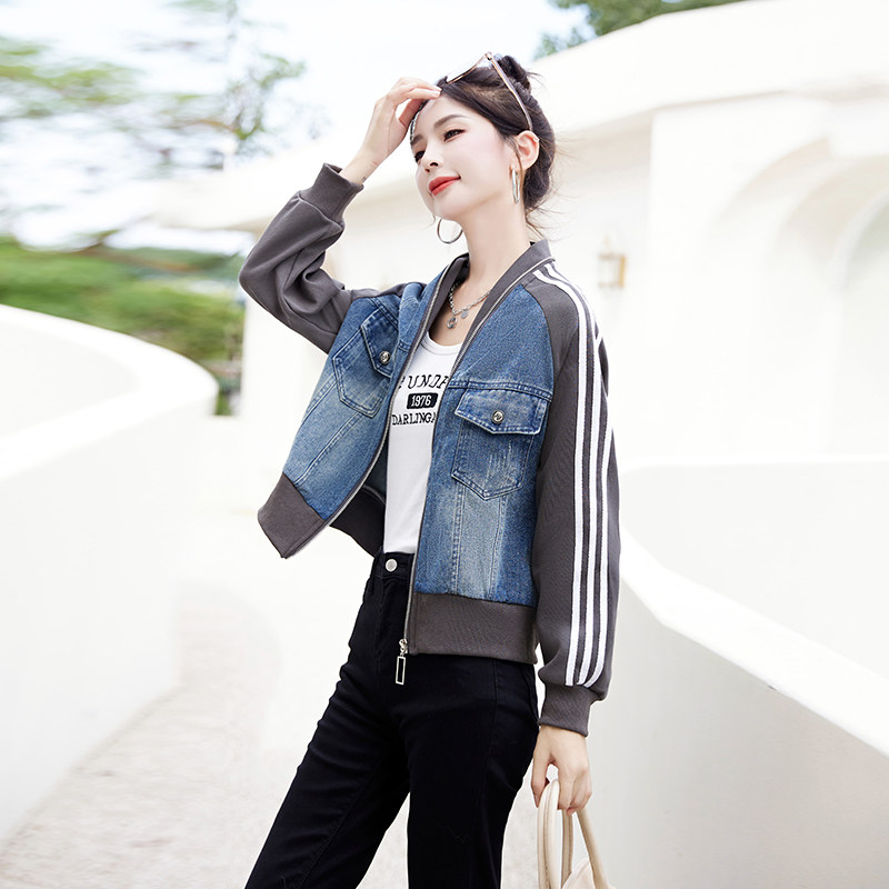 复古减龄牛仔拼接棒球服女春秋2023新款小个子休闲夹克上衣短外套,女装短外套,新感觉