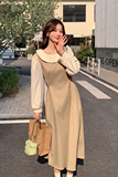 卡其色长袖气质连衣裙女春季2025新款法式收腰显瘦温柔风a字长裙，女装连衣裙，2C092