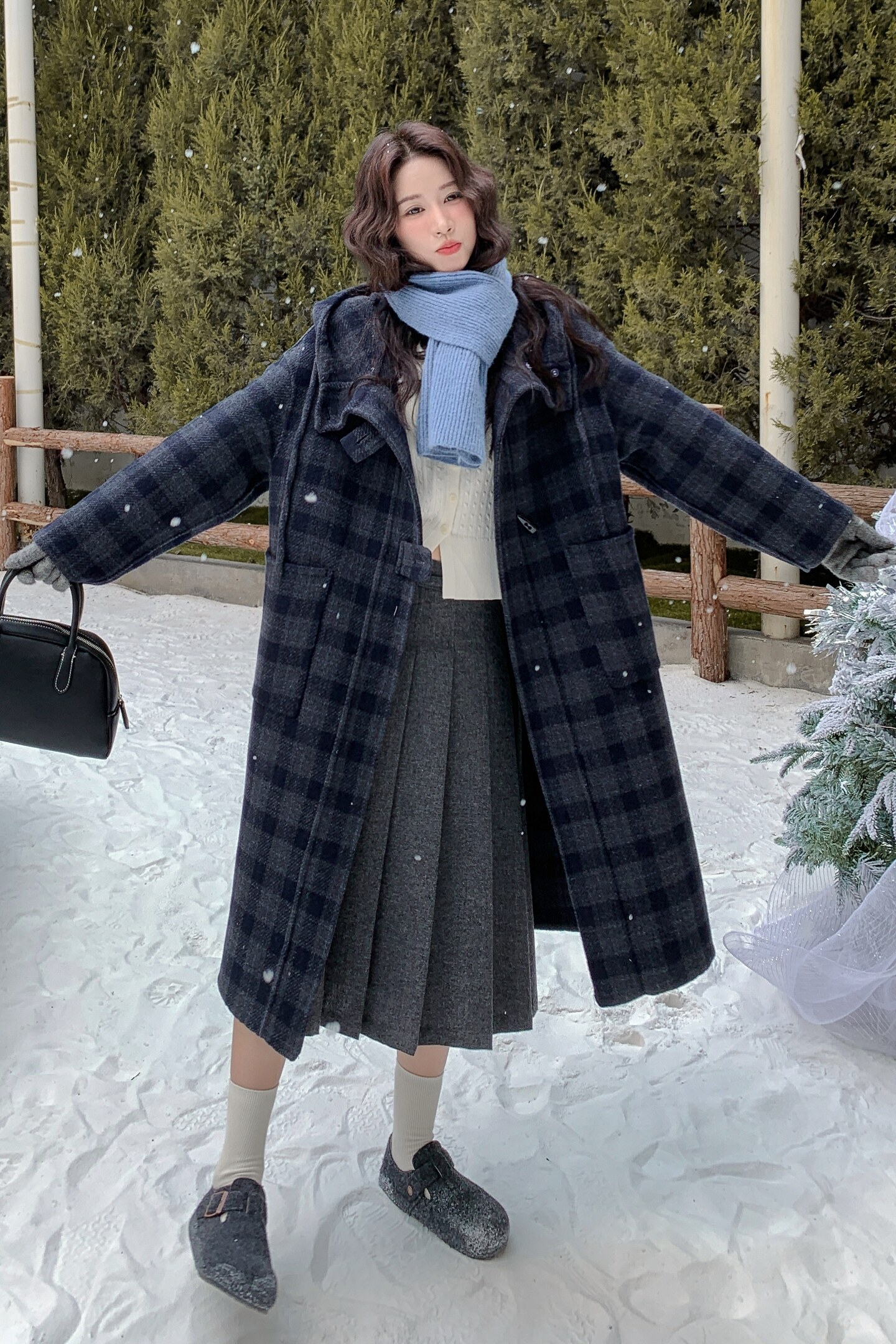 深蓝色复古格纹双面呢大衣女2025中长款外套2C227/3321/P265K338,女装毛呢外套,2C227