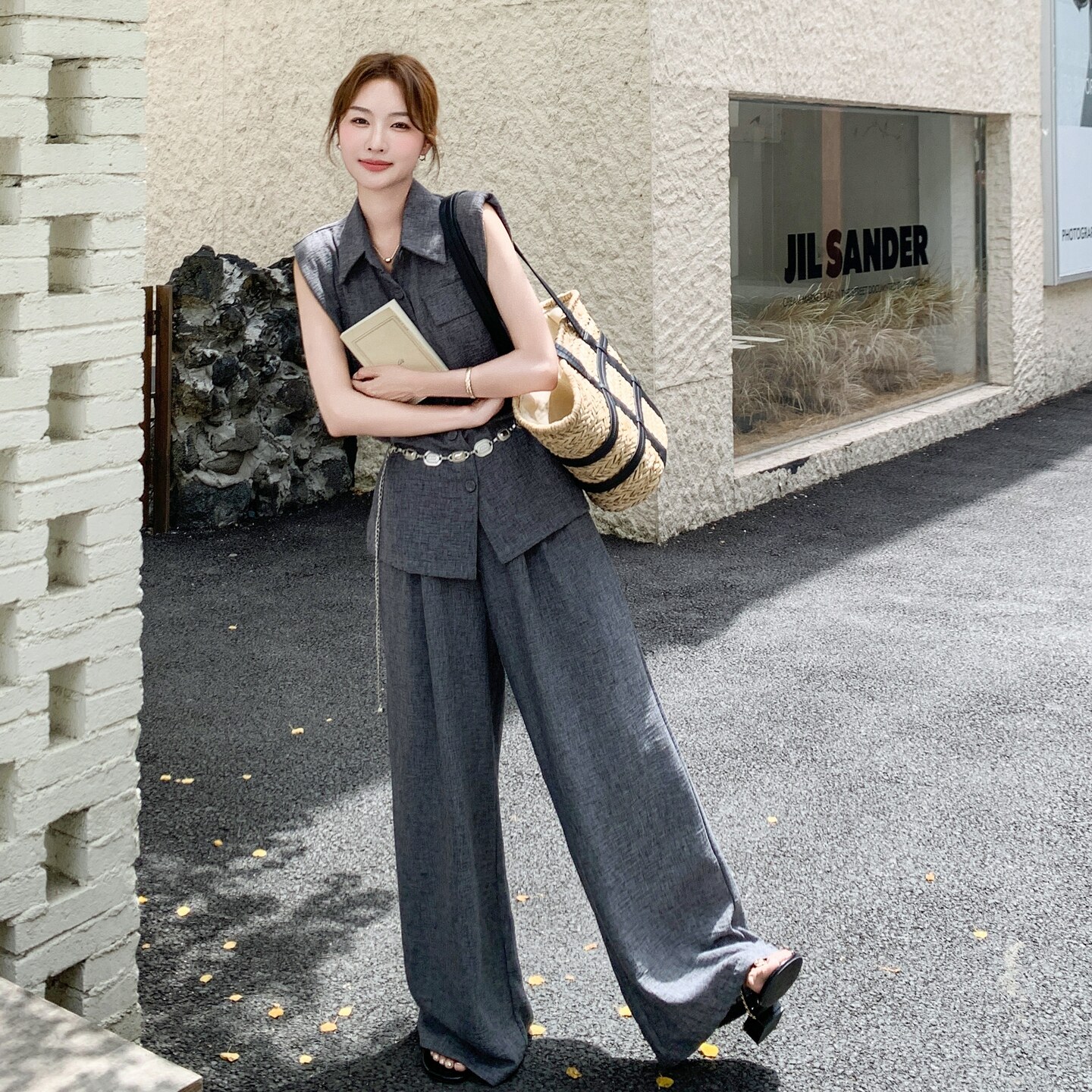 时尚无袖衬衫马甲阔腿裤两件套装女2025夏新款气质显瘦老钱风穿搭,女装套装/套裙,2C290