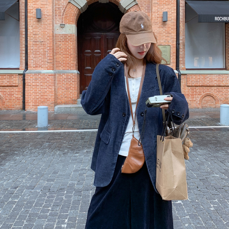 深灰色韩系气质灯芯绒西装女秋季2025新款小个子高级感时尚上衣,女装短外套,2C291