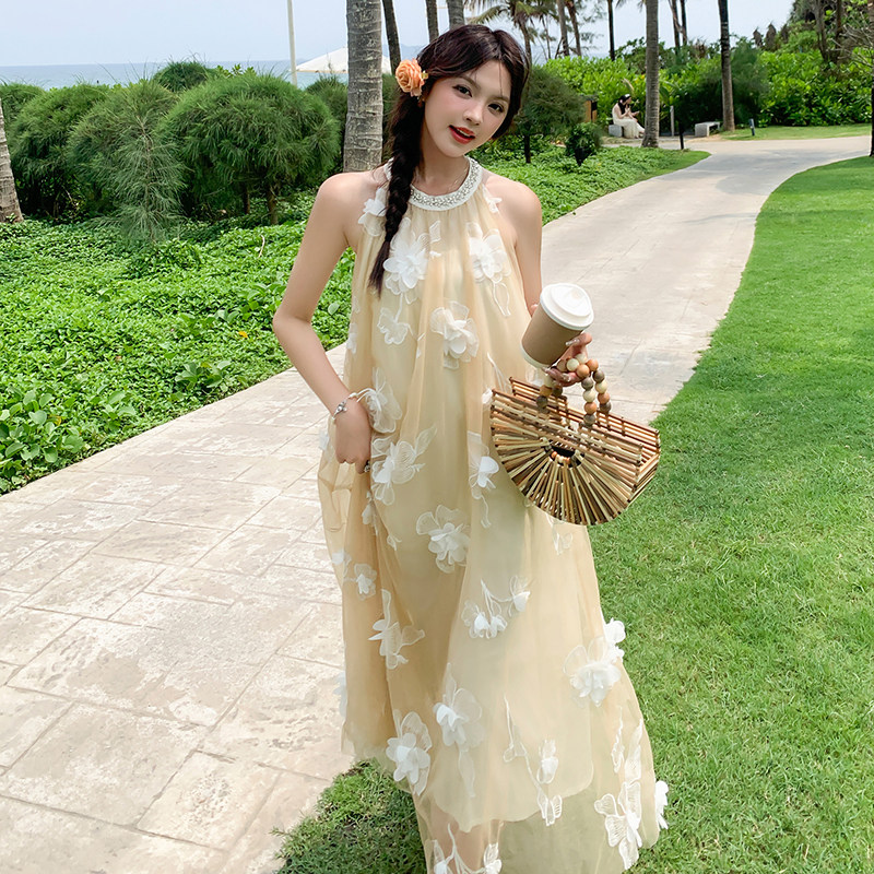 新品法式重工立体花挂脖连衣裙2599-P135-K208,女装连衣裙,2C159