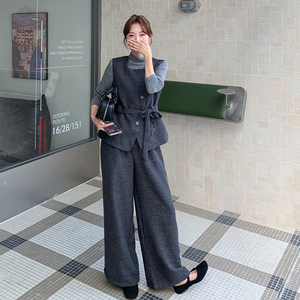 气质打底衫灰色毛呢马甲休闲裤套装女春秋季大方得体巨好看三件套图片