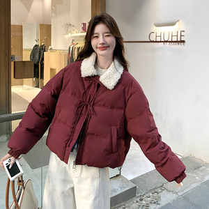 韩版甜美减龄短款羽绒服女2025冬季新款显瘦加厚酒红色白鸭绒外套图片