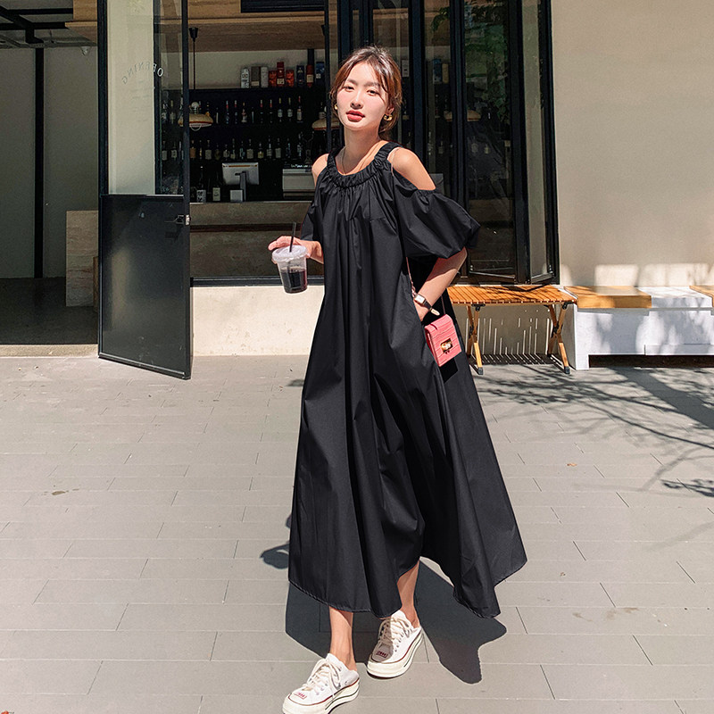 纯色甜美露肩连衣裙女夏季2025新款设计感法式宽松泡泡袖长款裙子图片
