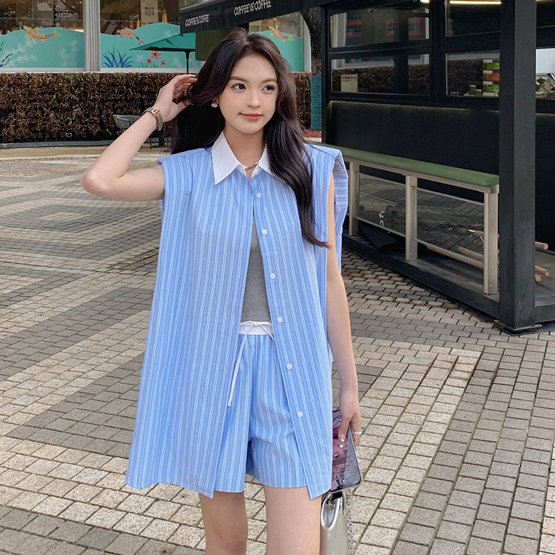 条纹休闲时尚套装女夏季2025新款无袖衬衫上衣高腰短裤减龄两件套图片