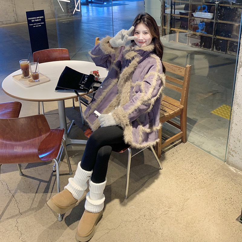 高级感紫色皮毛一体羊羔毛外套女冬2024新款甜酷风加厚麂皮绒上衣,女装棉衣/棉服,2C203