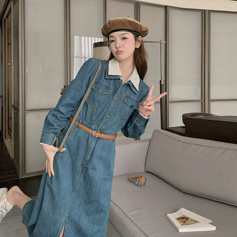 新款！！牛仔拼接假两件牛仔连衣裙P145K208,女装连衣裙,2C316