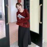 设计感小众气质女轻奢套装红色镂空长袖针织衫吊带裙两件套春秋装，女装连衣裙，2C166