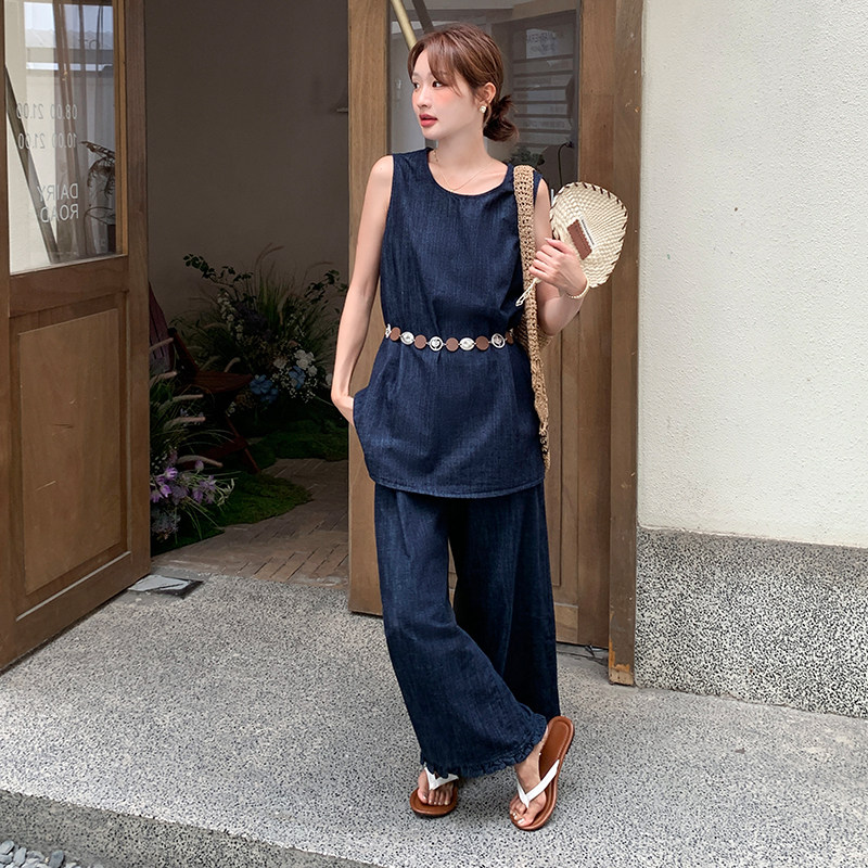 【新品】韩版简约风气质牛仔阔腿裤套装2C030-9037-P175-K258,女装套装/套裙,2C030
