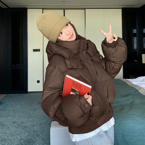 灰色短款连帽羽绒服女冬季2025新款小个子百搭加厚保暖面包服外套图片