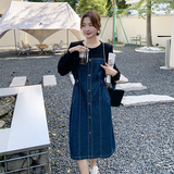 设计感拼接牛仔长袖连衣裙女2025秋装新款超火好看休闲减龄中长裙，女装连衣裙，2C135
