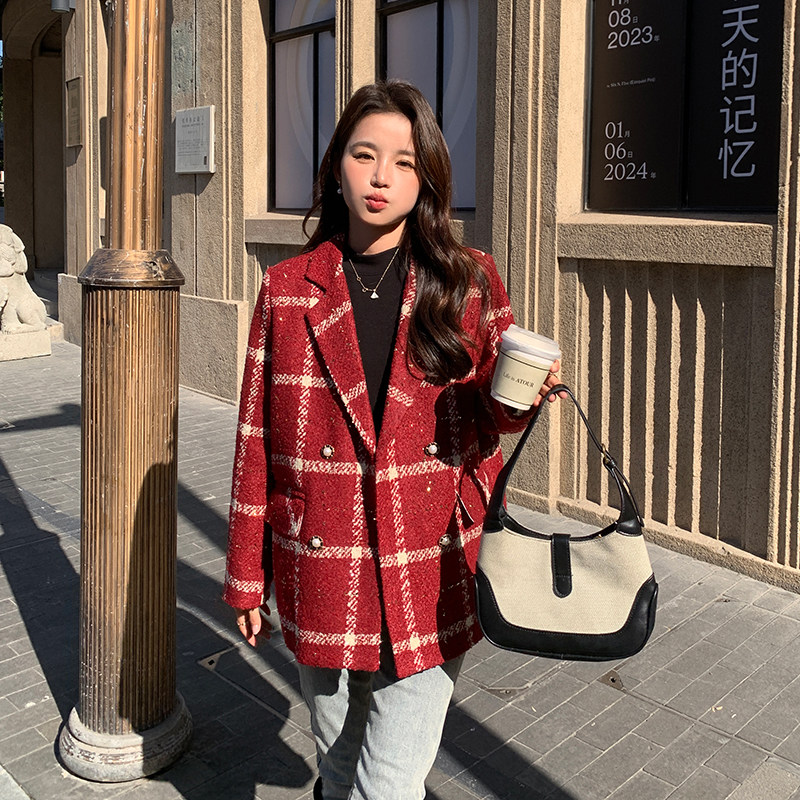 现货，小香风圣诞红高级感格子西装羽绒服2371P210K298图片