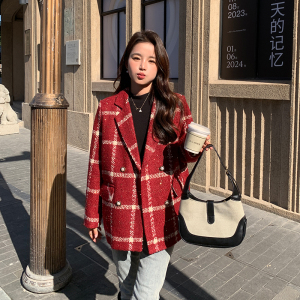 现货，小香风圣诞红高级感格子西装羽绒服2371P210K298图片