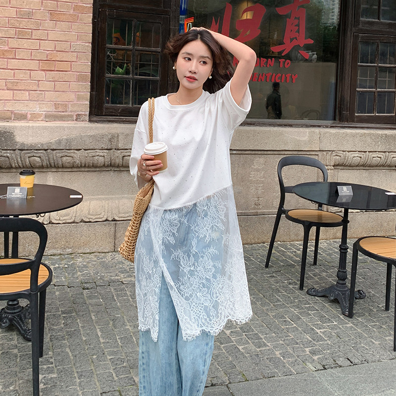 法式时尚甜美重工烫钻T恤裙女2025夏季新款韩版宽松显瘦拼接上衣,女装蕾丝衫/雪纺衫,2C087