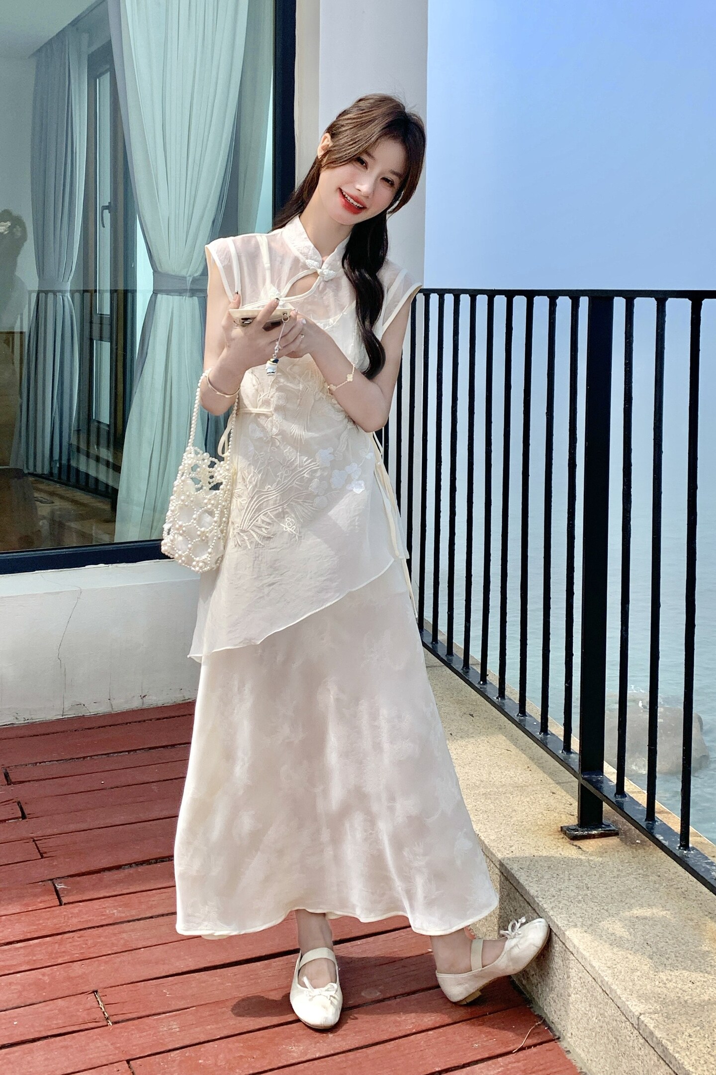 新中式风刺绣盘扣上衣连衣裙两件套女2025夏季新款气质显瘦旗袍,女装连衣裙,2C159