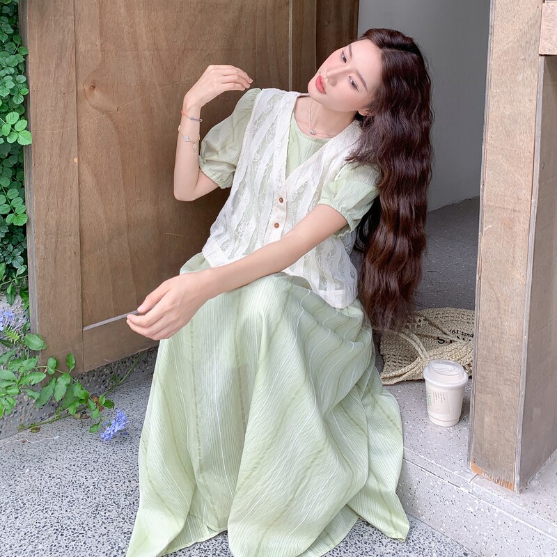 绿色小清新泡泡袖连衣裙套装女夏新款韩系时尚洋气蕾丝马甲两件套,女装套装/套裙,2C259