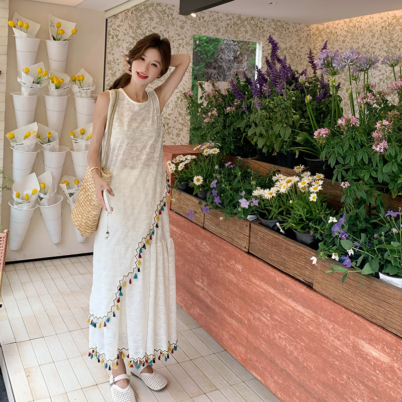 【现货数据好】夏绝美流苏连衣裙浪漫度假长款蕾丝不规则连衣裙女,女装连衣裙,2C238