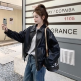 甜酷风休闲复古翻领黑色皮衣外套女春秋小个子机车服PU夹克巨好看，女装皮衣，2C325