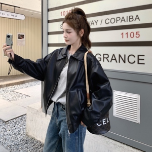 甜酷风休闲复古翻领黑色皮衣外套女春秋小个子机车服PU夹克巨好看图片