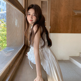 白色清纯系夏日连衣裙女2025新款韩系设计感简约系带无袖圆领长裙，女装连衣裙，2C166