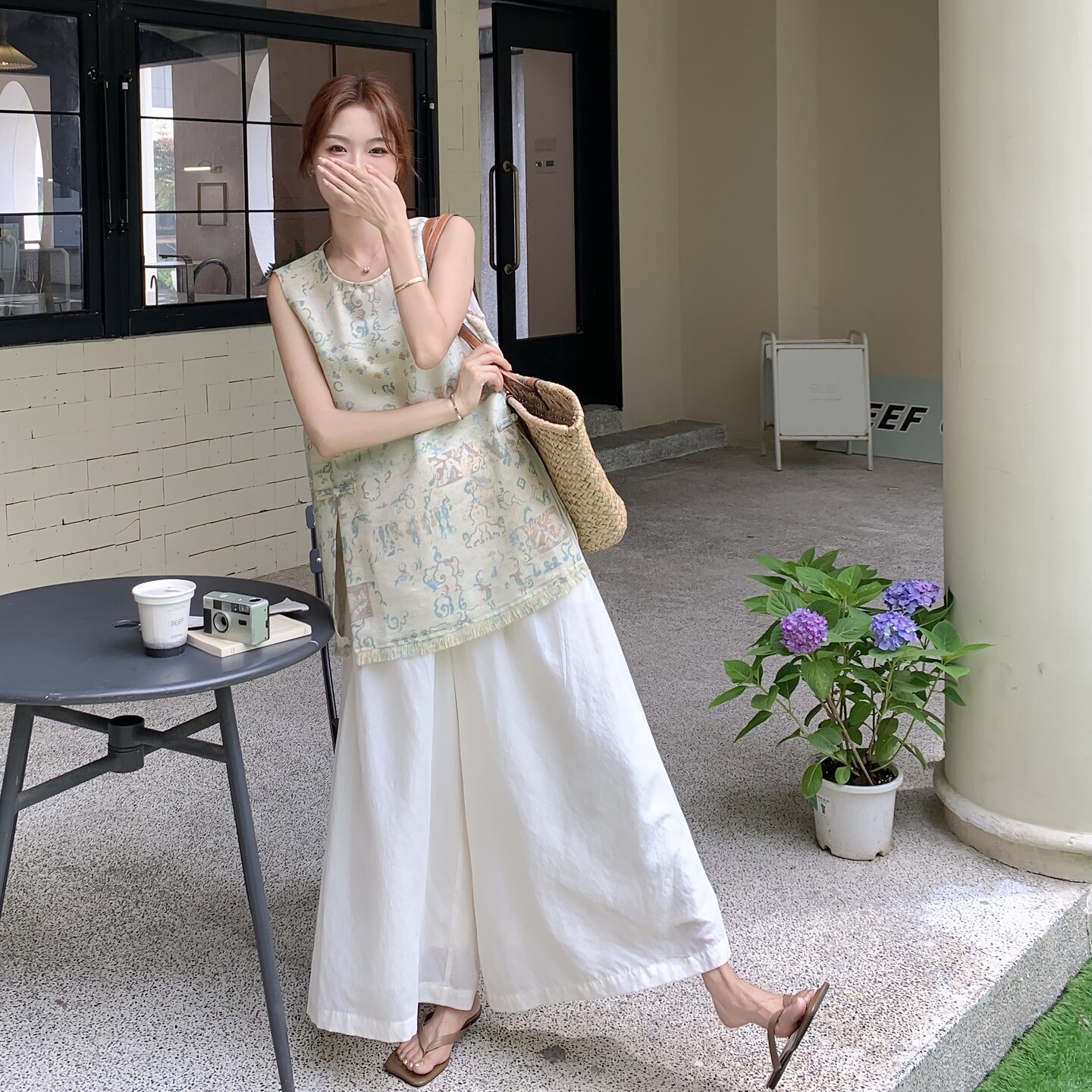 新中式国风印花背心阔腿裤套装2025新款女夏超火好看高级感两件套,女装套装/套裙,2C166