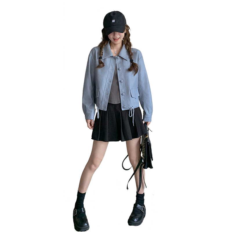 2025年春季新款浅蓝色皮衣夹克短外套女韩版高级感机车服百搭上衣,女装皮衣,2C233