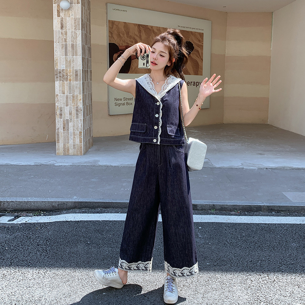 现货夏季新款休闲牛仔拼接蕾丝套装2C098-8538P165K238,女装套装/套裙,2C098
