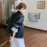 条纹拼接翻领黑色皮衣外套女春秋2025新款小个子PU夹克爆款高级感，女装短外套，2C087