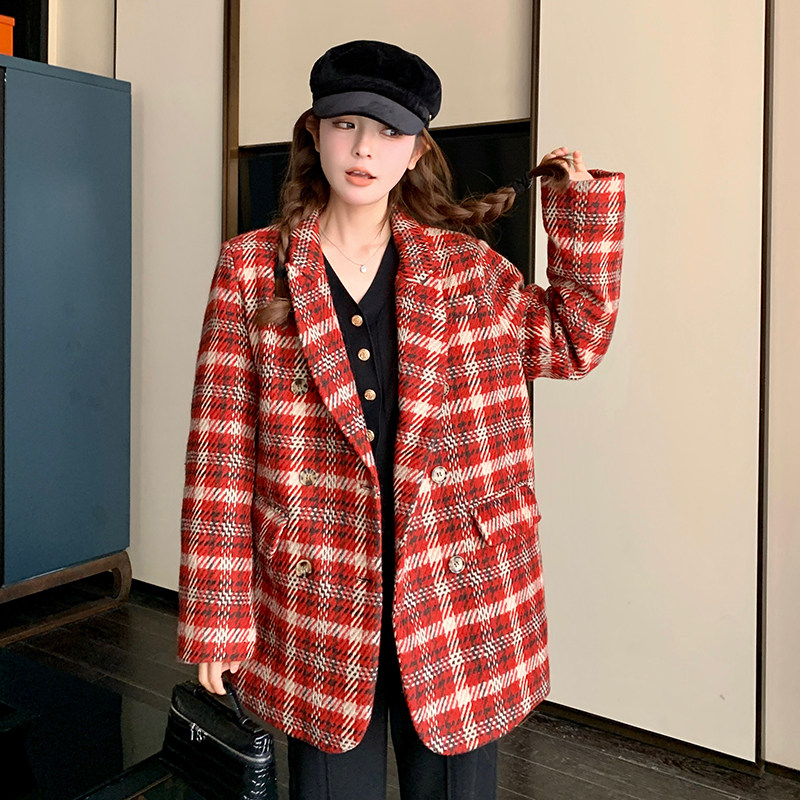 红色格纹小香风西装外套女春季2024新款高级感别致独特超好看西服,女装套装/套裙,2C203