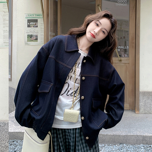 深蓝色仿牛仔翻领外套女2025秋季新款盐系爆款高级感休闲百搭夹克图片