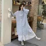 文艺风蓝色衬衫连衣裙叠穿半裙女2025春秋松弛感超火好看长裙套装，女装套装/套裙，2C068
