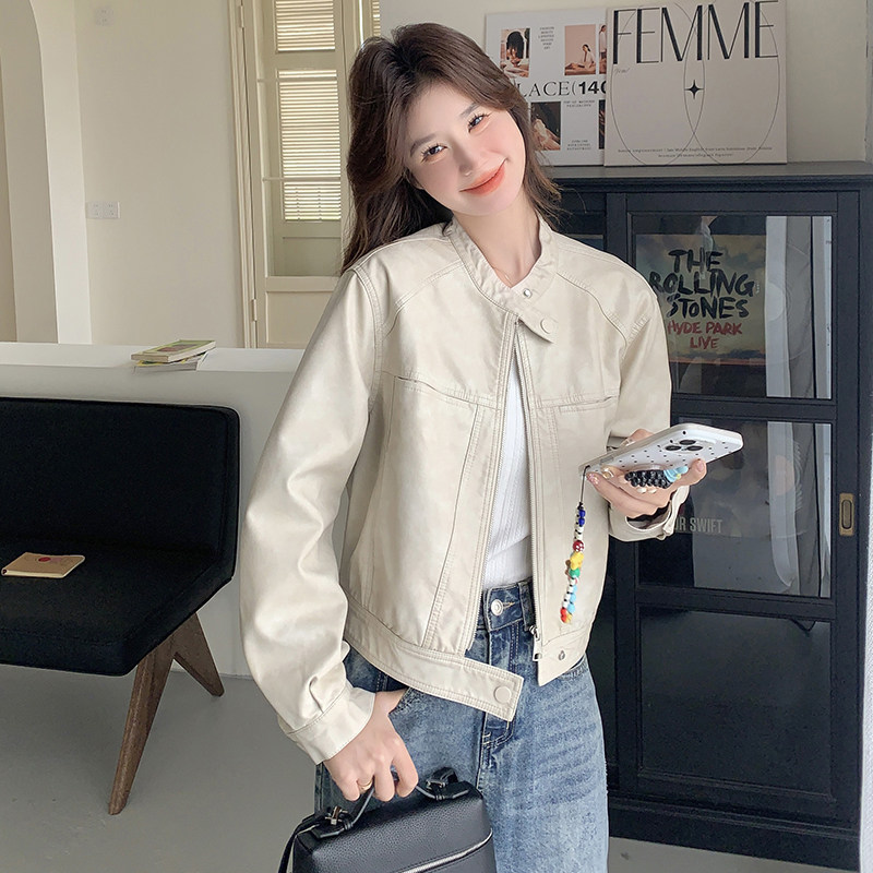 白色短款小皮衣外套女款2025新款春秋高级感小个子修身pu皮夹克图片