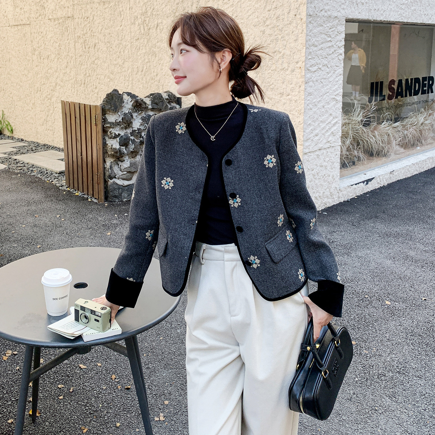 设计感复古绣花毛呢外套女2025秋季新款洋气显瘦小个子短款上衣潮,女装毛呢外套,2B142