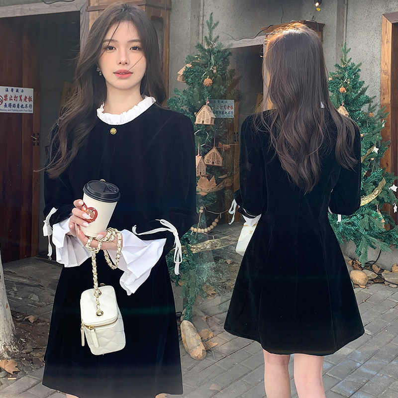 新款现货！高端温柔精致时尚气质圆领复古拼色丝绒连衣裙,女装连衣裙,先锋丽姿