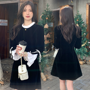 新款现货！高端温柔精致时尚气质圆领复古拼色丝绒连衣裙图片