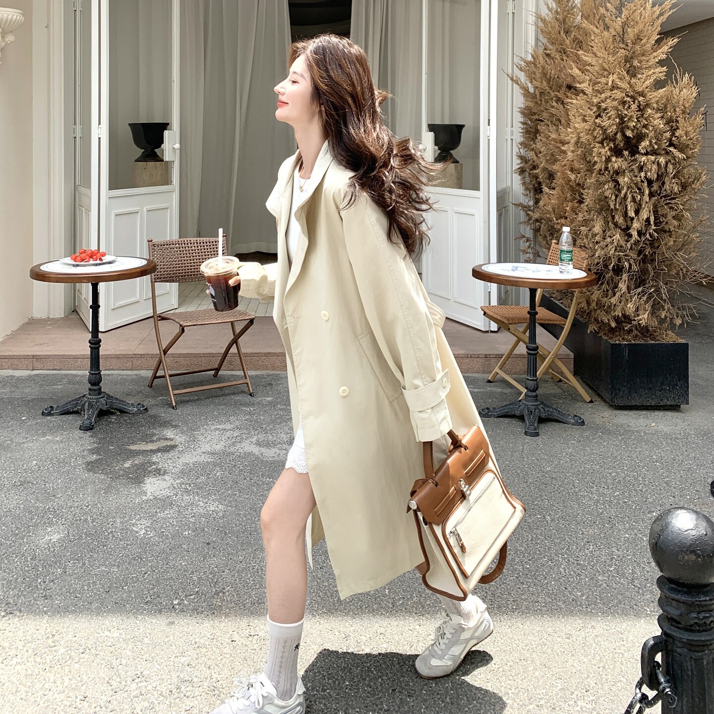 设计感中长款风衣外套女秋季2025新款韩系宽松复古高级感休闲大衣,女装风衣,2C258