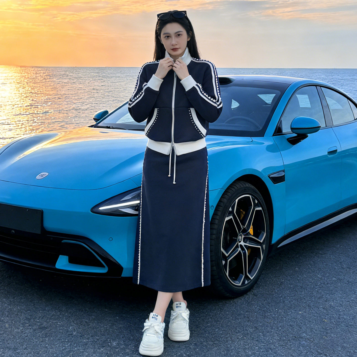设计感时尚卫衣裙套装女春季新款撞色立领开衫上衣半身裙两件套潮,女装套装/套裙,2C310