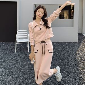 设计感小众粉色套装裙女2024年秋季新款翻领长袖卫衣半身裙两件套图片