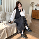 高级小众学院风穿搭灰色马甲套装女初春秋超火好看百褶半裙三件套，女装套装/套裙，2C332