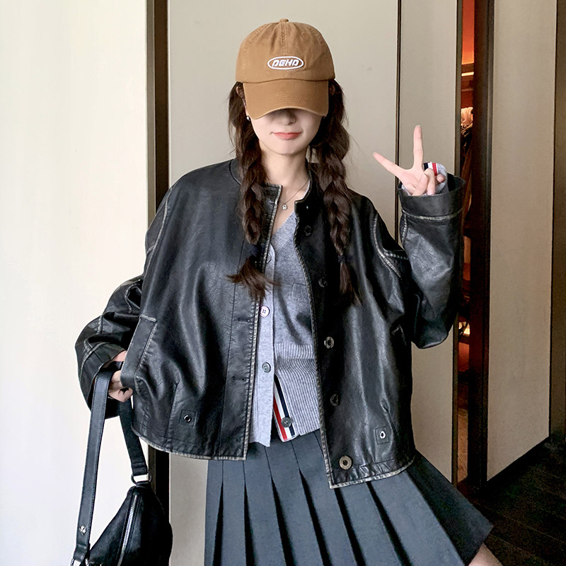 美式复古风黑色短款机车服外套女春秋超火好看高级感小众夹克上衣,女装皮衣,2C282
