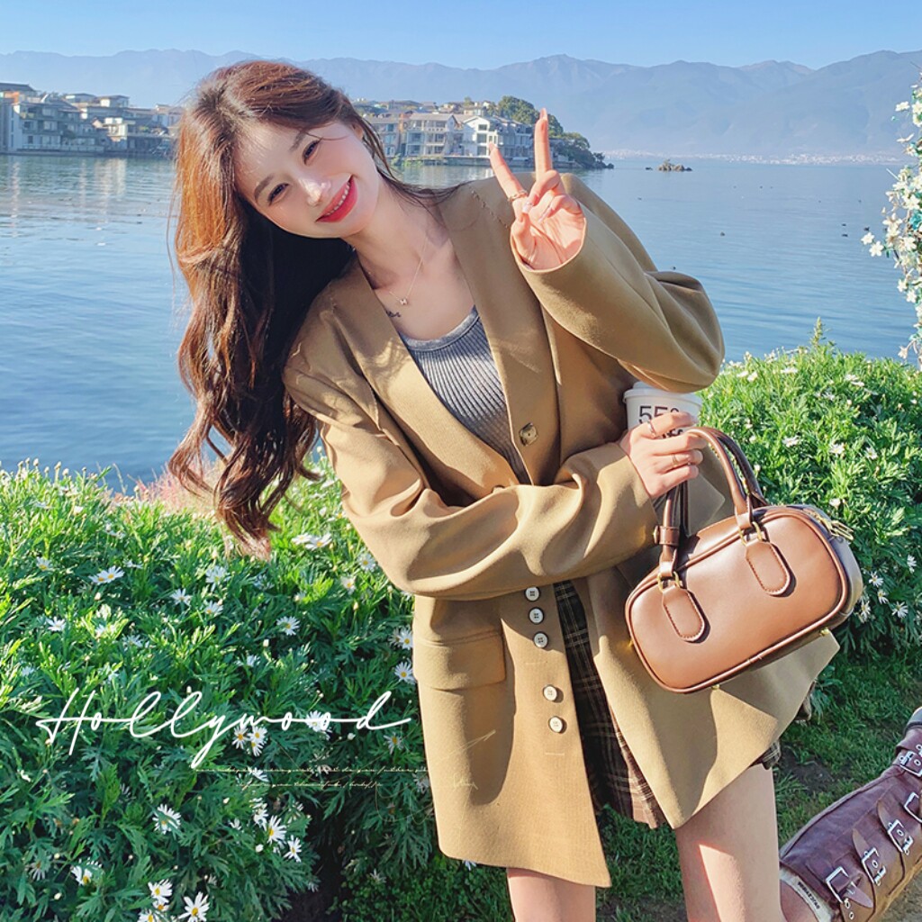卡其色高品质西装外套女秋季2025年设计感小众休闲气质高级感西服,女装西装,2C077