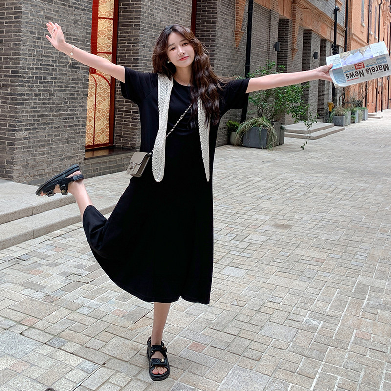 法式盐系减龄披肩连衣裙女2025夏季新款韩版宽松显瘦甜美T恤长裙,女装连衣裙,2C087